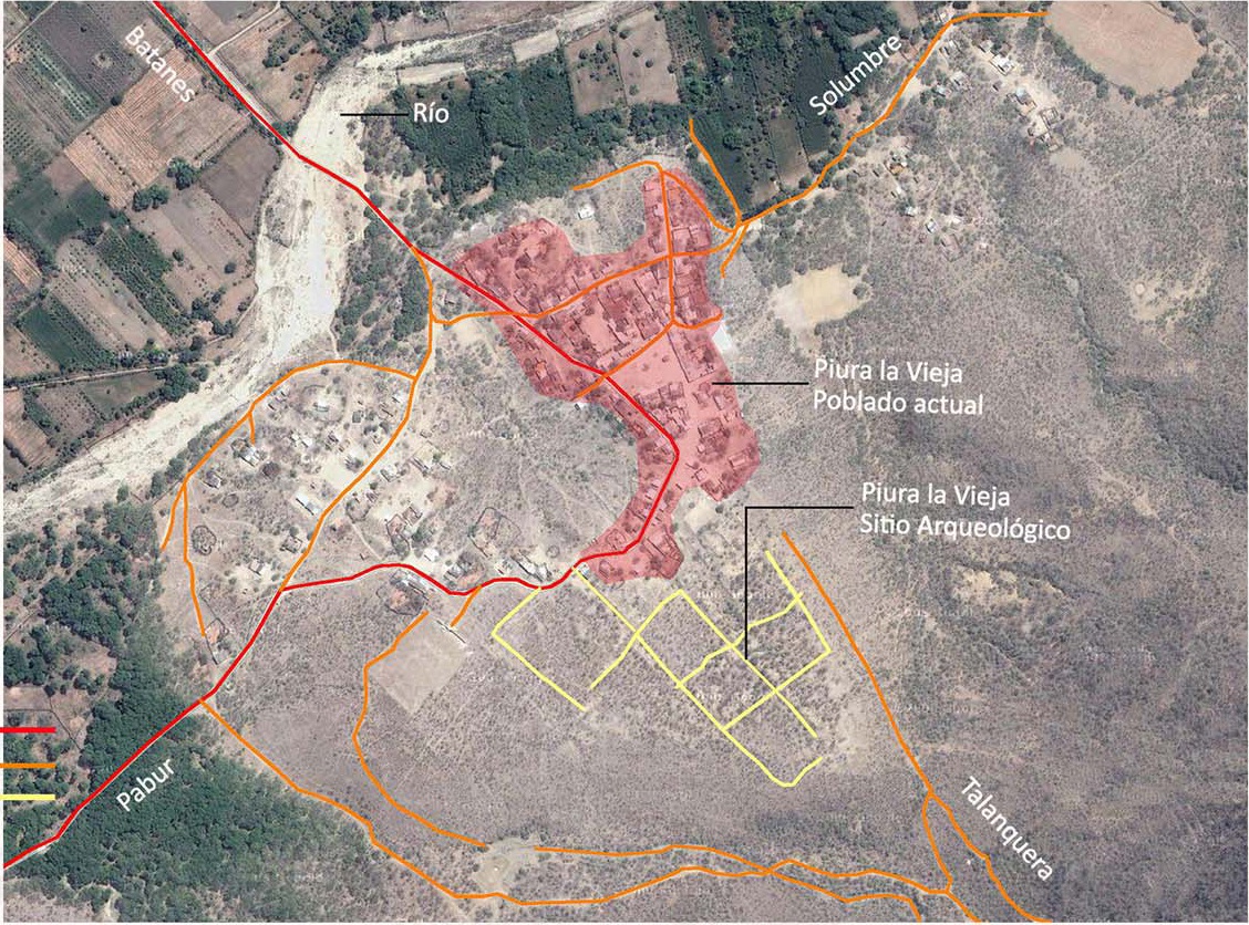 Vista aérea interpretada del poblado actual y del sitio arqueológico de Piura La Vieja